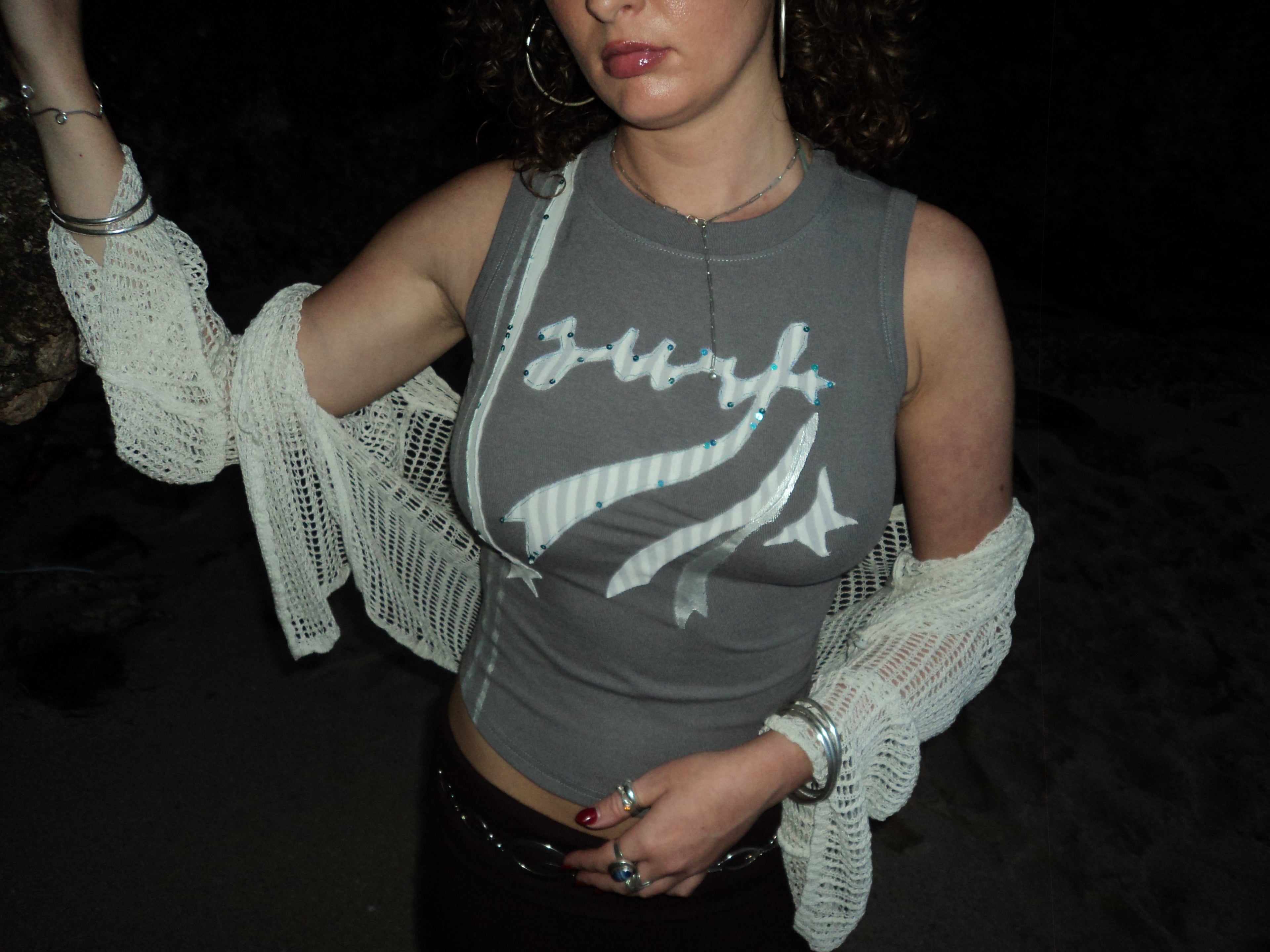 grey and turquoise shiny surf top