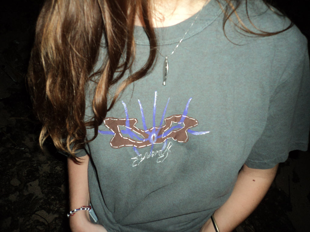 grey oversized shirt with purple brown print