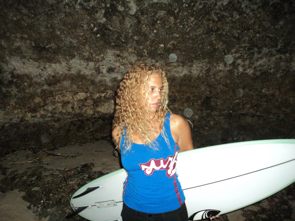marine blue top with graphic print surf
