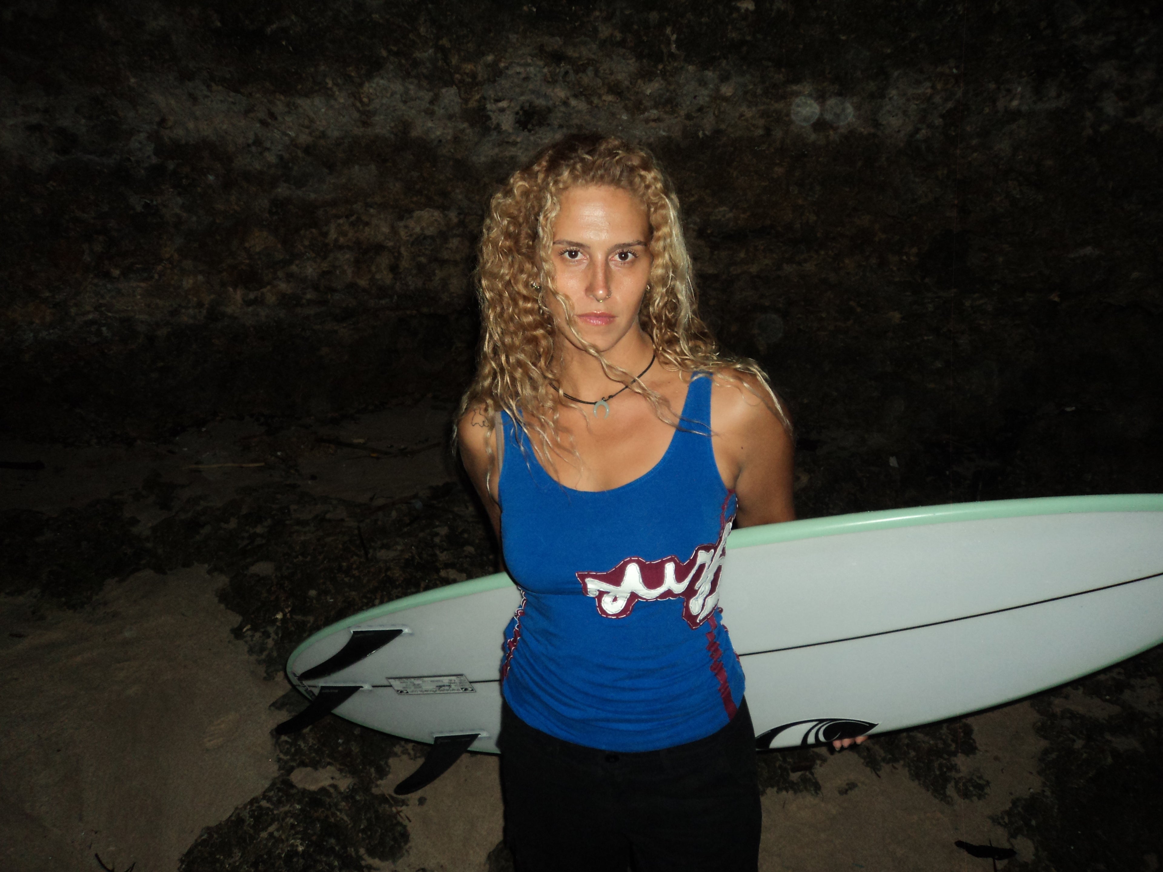 marine blue top with graphic print surf
