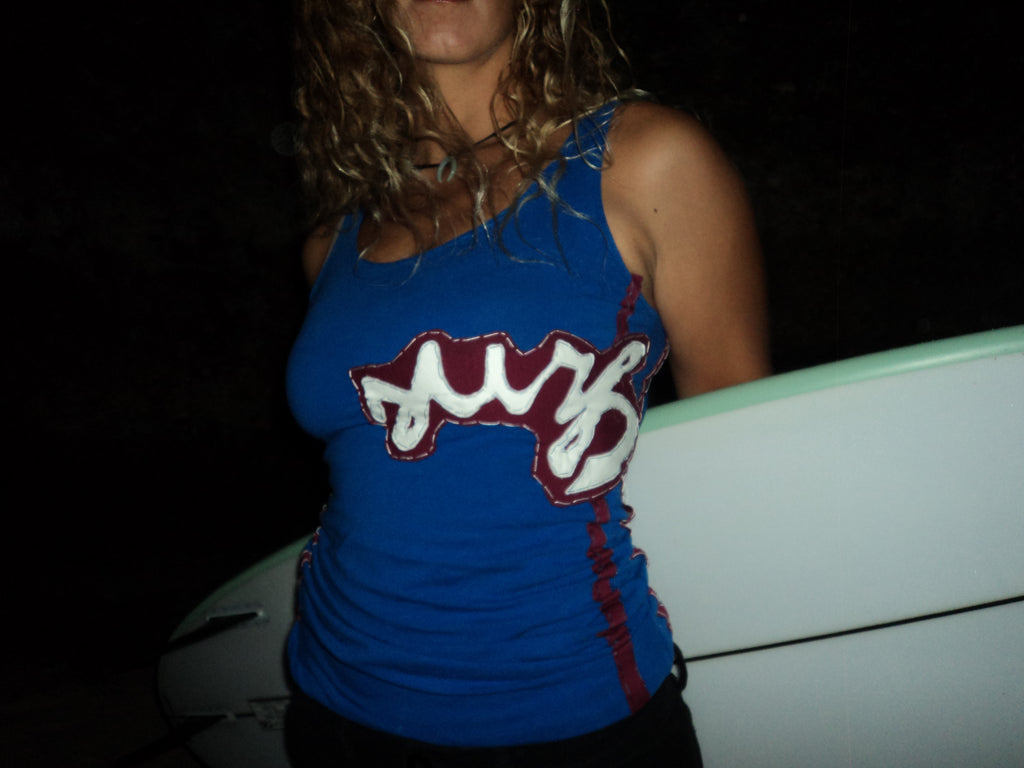 marine blue top with graphic print surf