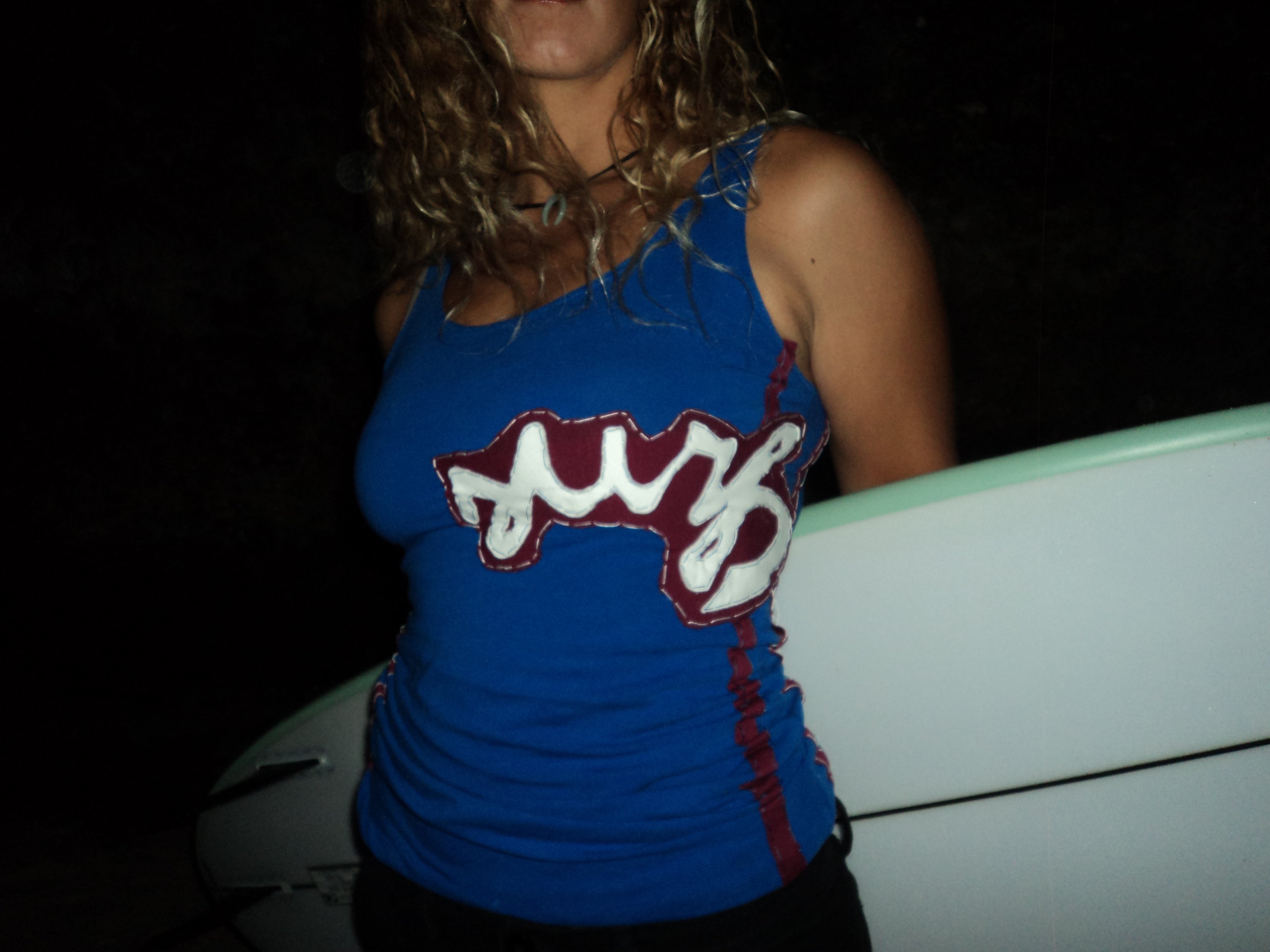 marine blue top with graphic print surf