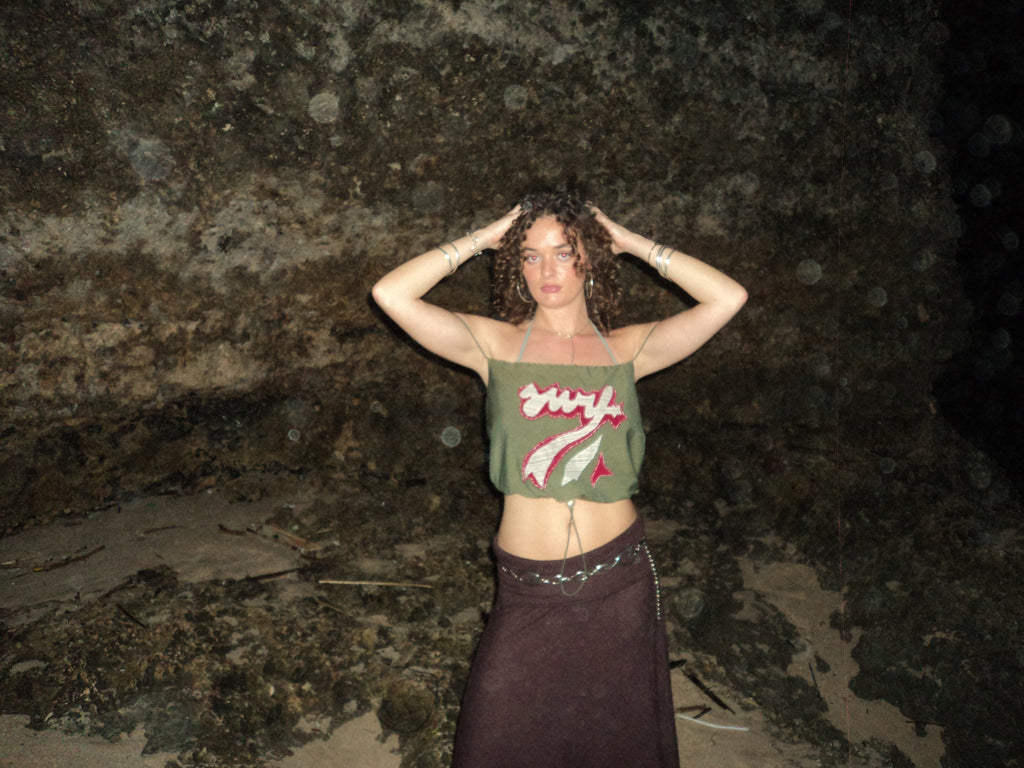 surf olive print green top