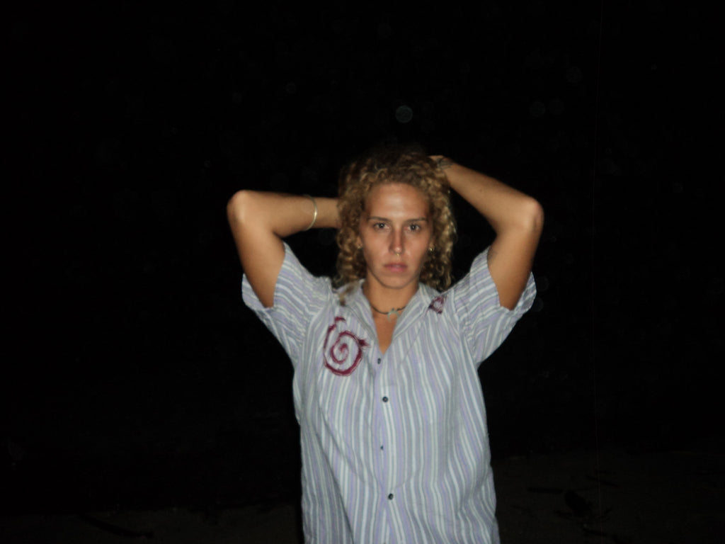 striped short sleeve button up with swirls and stars